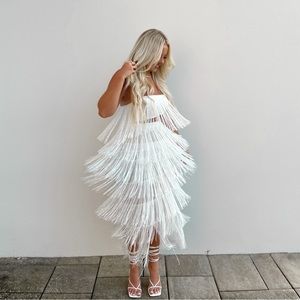 AMALEE FRINGE TWO PIECE SKIRT SET IN WHITE - Showpo